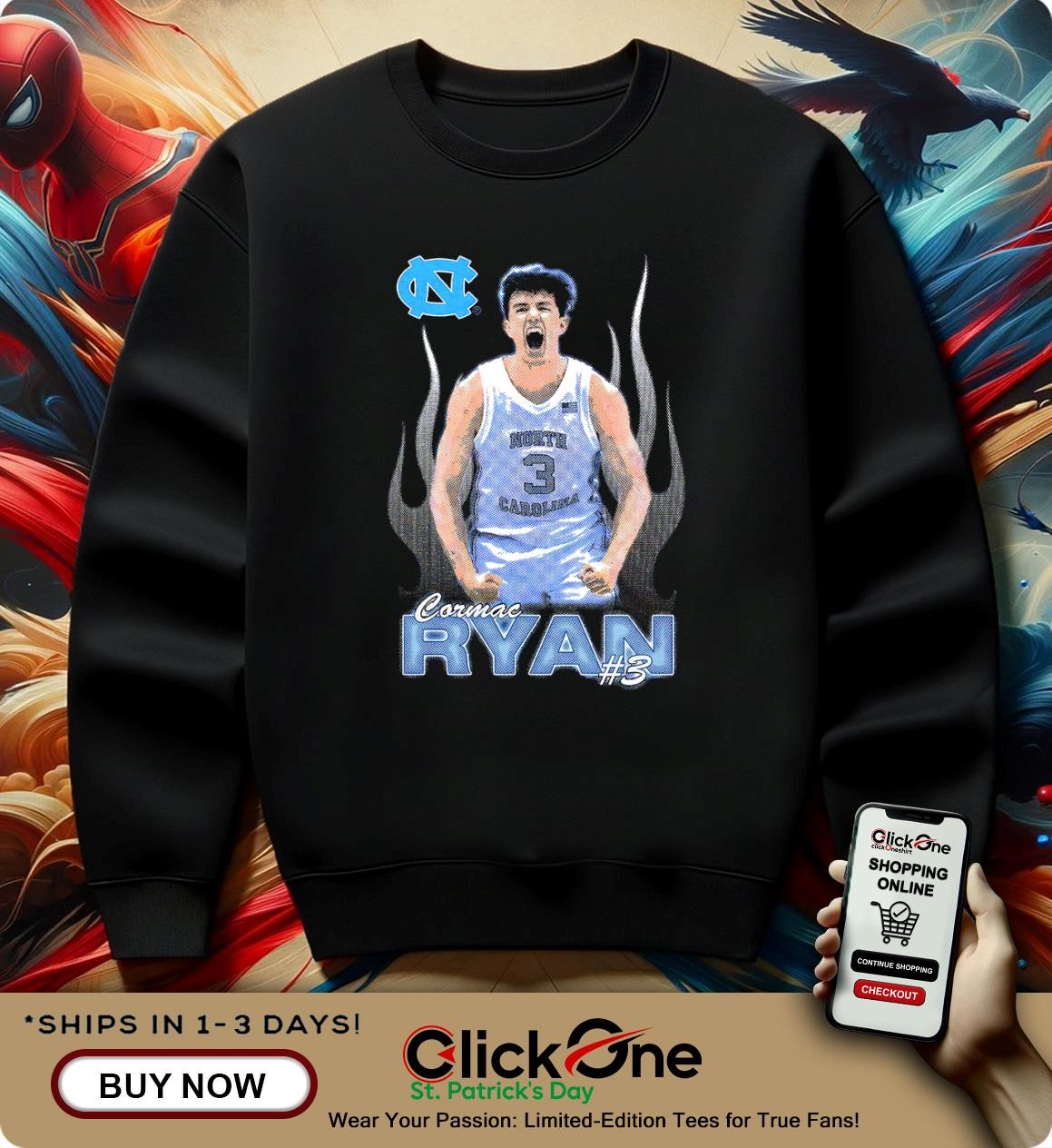 North Carolina Tar Heels Cormac Ryan flame shirt
